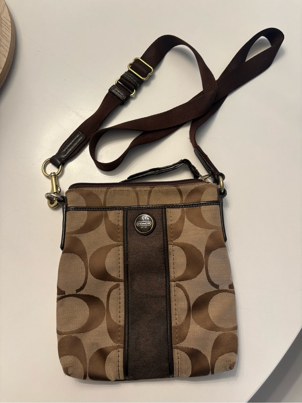 Coach Brown Signature Crossbody with Dark Brown Stripe
